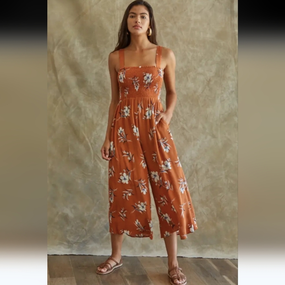 By Together Rust Floral Smocked Wide-Leg Jumpsuit